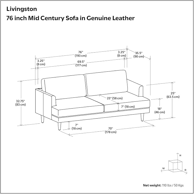 SIMPLIHOME Livingston 76" Wide x 33" High Sofa in Coal Top Grain Genuine Leather, Mid-Century Modern Loveseat for Living Room, Compact 2-Seater with Feather-Wrapped Cushions and Solid Wood Frame