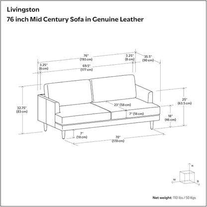 SIMPLIHOME Livingston 76" Wide x 33" High Sofa in Coal Top Grain Genuine Leather, Mid-Century Modern Loveseat for Living Room, Compact 2-Seater with Feather-Wrapped Cushions and Solid Wood Frame