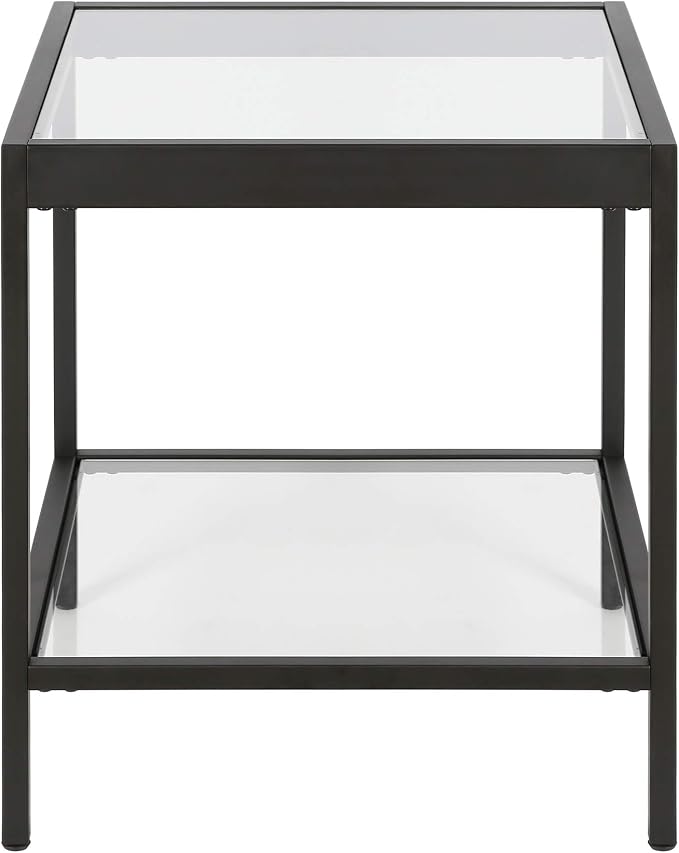 Henn&Hart 20" Wide Square Side Table in Blackened Bronze, Table for Living Room, Bedroom | Two-tiered glass shelves with a metal frame, offering open display space for living rooms, offices, or bedrooms