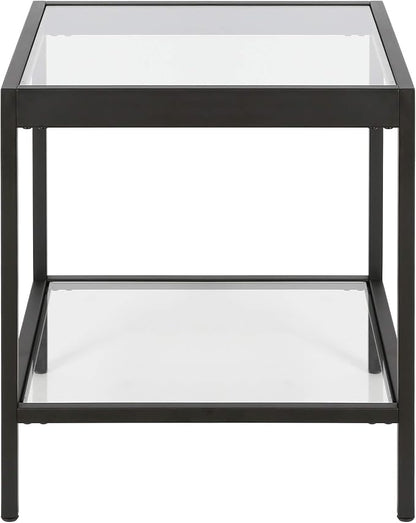 Henn&Hart 20" Wide Square Side Table in Blackened Bronze, Table for Living Room, Bedroom | Two-tiered glass shelves with a metal frame, offering open display space for living rooms, offices, or bedrooms