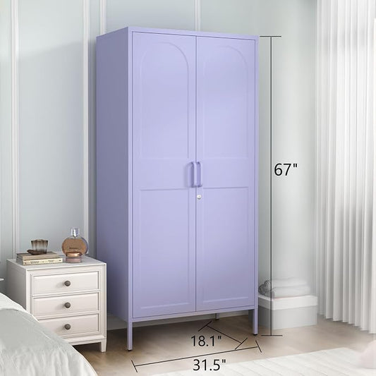 Metal Wardrobe with Lock 67"Clothing Steel Storage Cabinet Locker Hanging Rod And Adjustable Shelves 2 Doors Household kids wardrobe closet Lockers For Bedroom Home Purple Size:67"H X 31.5"W X 18.1"D