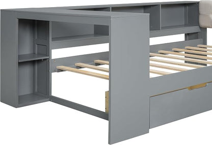 Ball & Cast Twin Size Wood L-Shaped Daybed with Storage Shelves and Built-in Desk,Platform Bed w/Under-Bed Drawers & Charging Station,Upholstered Headboard,No Box Spring Needed,for Student Dorms,Gray