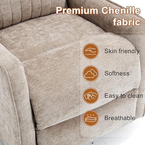 Manual Swivel Rocker Recliner Chair for Adults, Overstuffed Glider Chair for Nursery with Massage and Heat, Living Room Reclining Chair, Fabric Khaqi