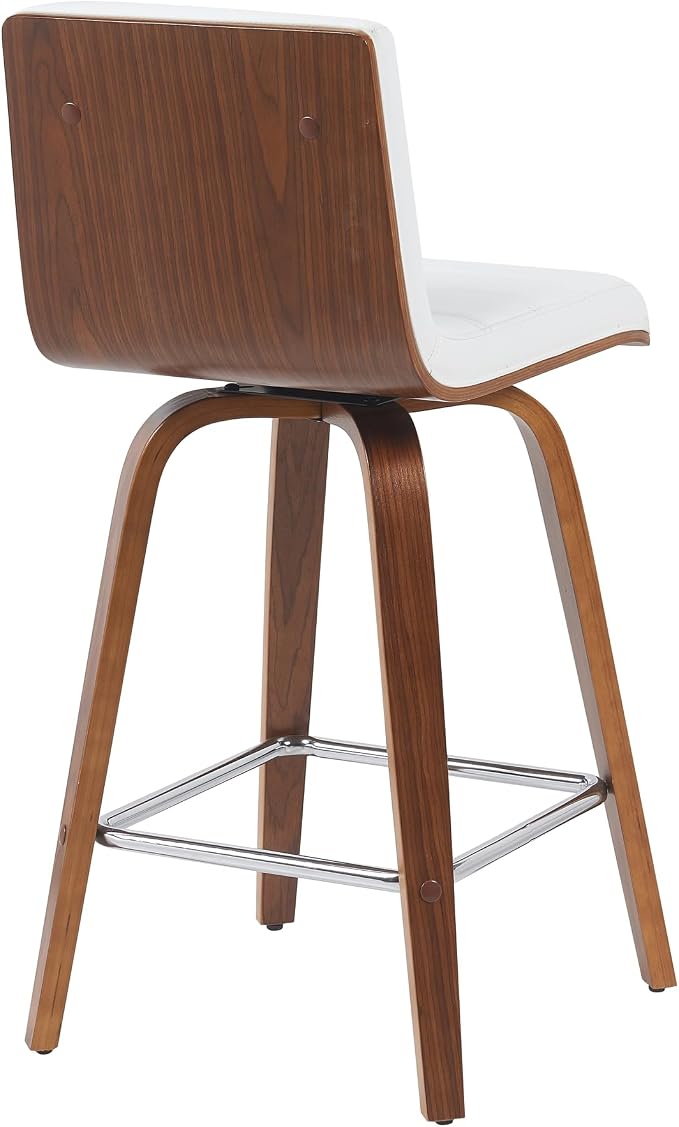 Armen Living Vienna Modern Swivel 26" Counter Height Barstool with White Faux Leather and Walnut Wood Finish