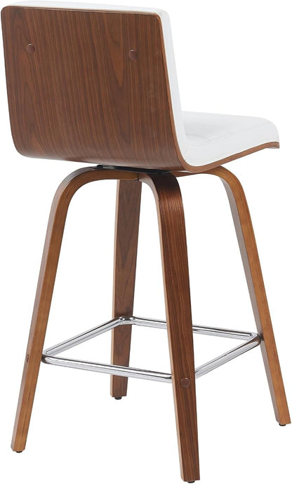 Armen Living Vienna Modern Swivel 26" Counter Height Barstool with White Faux Leather and Walnut Wood Finish