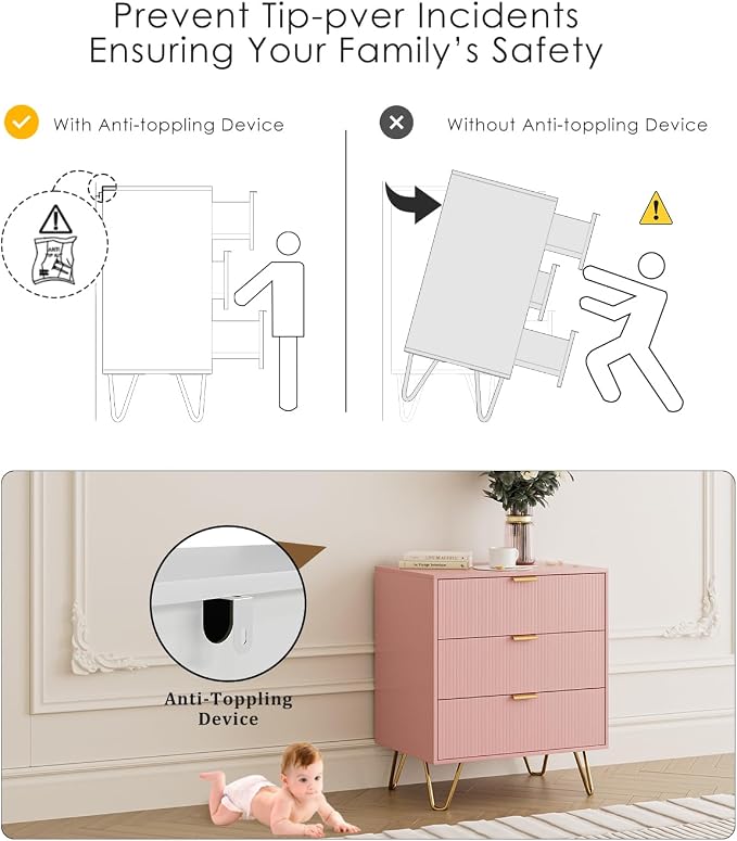 Fluted 3 Drawer Dresser for Bedroom, Modern Storage Bedroom Dresser Chest Cabinet Organizer with Anti-Tip Hardware for Living Room, Dressing Room, Kids Room, Office (Pink)
