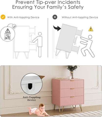Fluted 3 Drawer Dresser for Bedroom, Modern Storage Bedroom Dresser Chest Cabinet Organizer with Anti-Tip Hardware for Living Room, Dressing Room, Kids Room, Office (Pink)