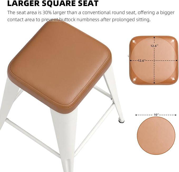 Bar Stools Set of 4, 24" Counter Height Bar Stools Backless, Upholstered Bar Stools with Brown Seat and White Metal Legs for Kitchen Island, Study Room, Cafe