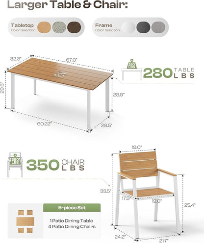 Outdoor Dining Set for 4, Patio Table and Chairs Set with Umbrella Hole, 5 Pieces HDPS + Aluminum Outdoor Furniture Sets for Patio, Garden (White & Teak)
