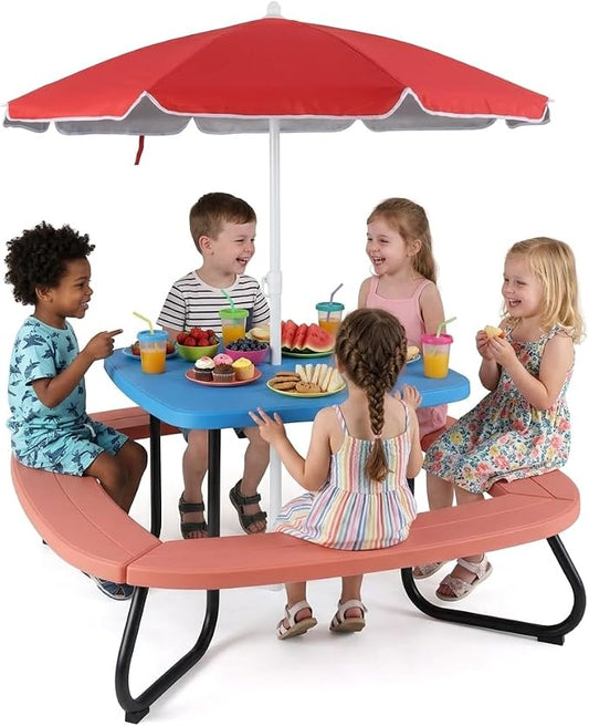 Costzon Kids Picnic Table, 8 Person Kids Outdoor Table and Chairs with Foldable & Adjustable Umbrella, 4 Built-in Benches, Toddler Outdoor Furniture for Backyard, Patio, Garden (Red)