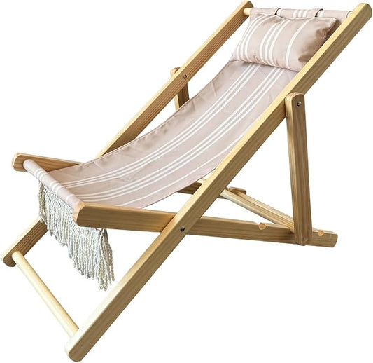 Children’s Vintage Sun Lounger Sling Chair | Wooden Frame with Canvas Fabric | Outdoor Folding Deck Chair for Kids Ages 5+ | Portable & Lightweight for Backyard, Poolside, or Beach (Rope)