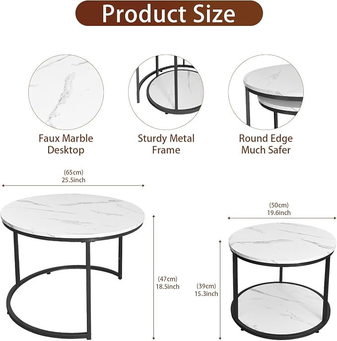 AT-VALY Coffee Table Set of 2 Nesting Tables,Round Side Table for Living Room, Small Accent Table with Storage (Black)