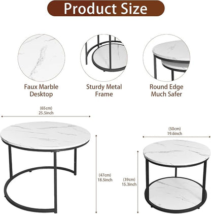 AT-VALY Coffee Table Set of 2 Nesting Tables,Round Side Table for Living Room, Small Accent Table with Storage (Black)
