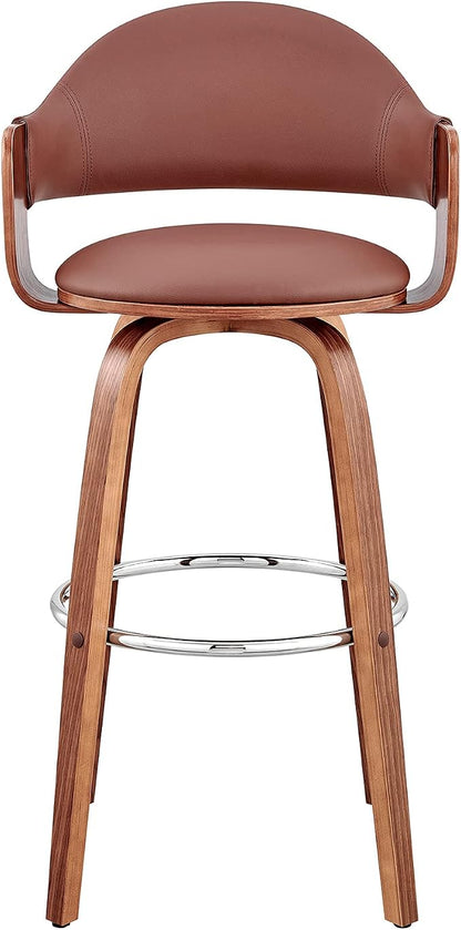 Armen Living Daxton Mid Century Modern Swivel Bar Stool for Kitchen Island Counter in Brown Faux Leather and Walnut Wood, 26" Seat Height