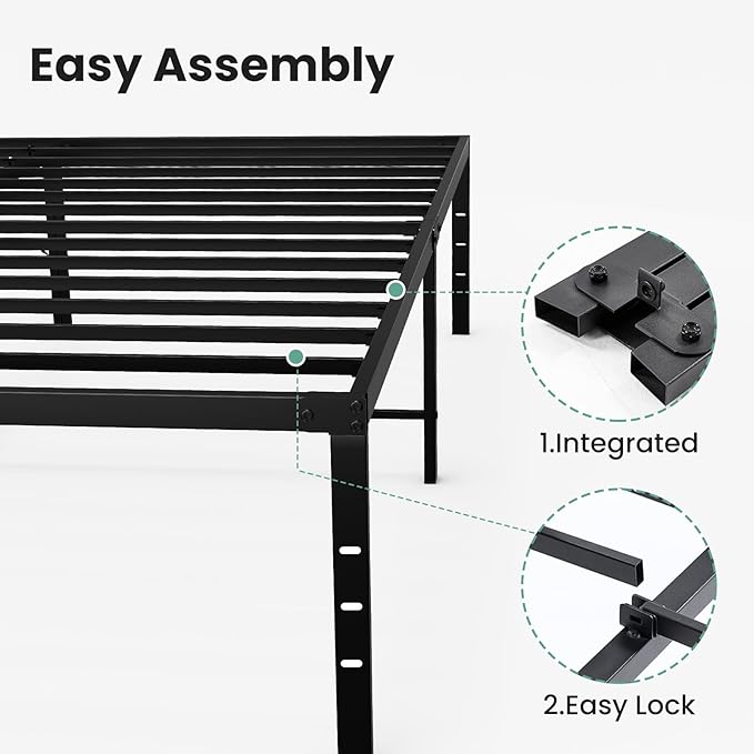 Sweetcrispy Queen Size 16 Inch Platform Bed Frame, Heavy Duty Metal Foundation Frame, Noise-Free Sturdy Steel Slats, Underbed Storage, No Box Spring Needed, Quick Setup