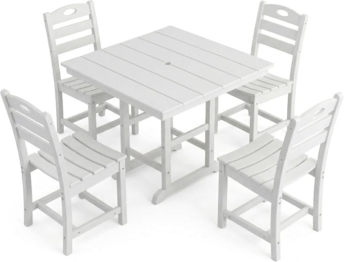 Elountik Outdoor Dining Set for 4, 5-Piece White HDPE Patio Furniture with Square Table and Chairs, Umbrella Hole