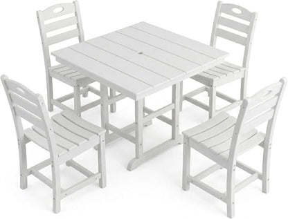 Elountik Outdoor Dining Set for 4, 5-Piece White HDPE Patio Furniture with Square Table and Chairs, Umbrella Hole