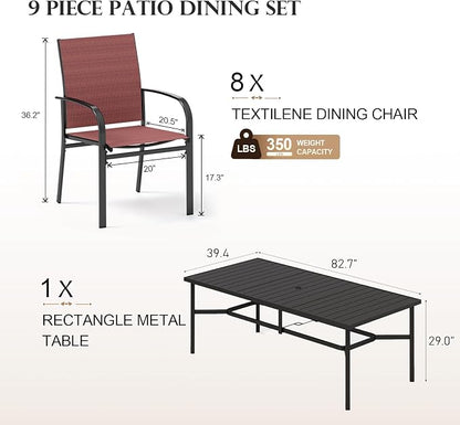 HERA'S HOUSE 9 Pieces Patio Dining Set, Outdoor Metal Table and Chairs Set for 8, 83" Rectangular Table with Umbrella Hole, 8 x Textilane Patio Dining Chairs for Lawn Garden Backyard Deck