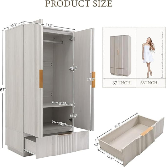 Brafab 67" Fluted Armoire Wardrobe Closet Set of 2 with Drawers and Doors, Wooden Wardrobe Cabinet with Adjustable Shelves, Modern Storage for Clothes, Coats for Bedroom,White(2 pcs)
