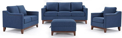 HAOMARKETS 4-Piece Living Room Sofa Set with Coffee Table, Vintage Rivet Couch Sets with Solid Wood Legs, Sofas Furniture of Ottoman with Storage Space, Armchair, Loveseat and 3-Seat Sofa, Blue