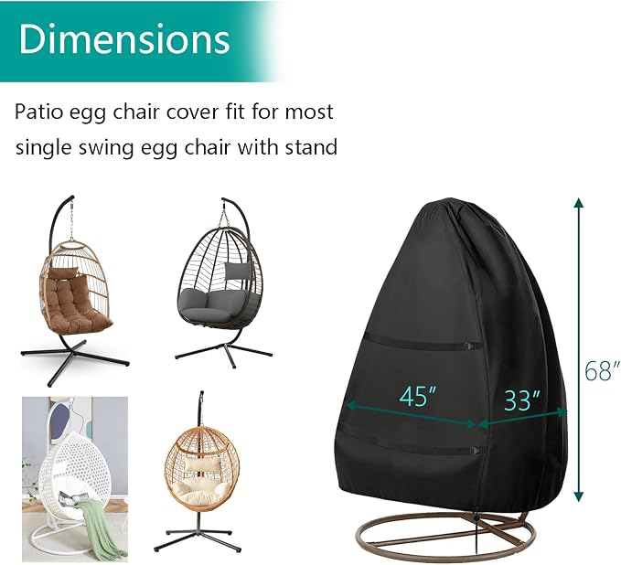 FLYMEI Patio Egg Chair Cover for Wicker Swing Chair, 45W x 33D x 68H, Black | Single Seat Hanging Egg Chair Cover, Waterproof, 600D Oxford Fabric, Anti-UV coating, PU Coating, Windproof