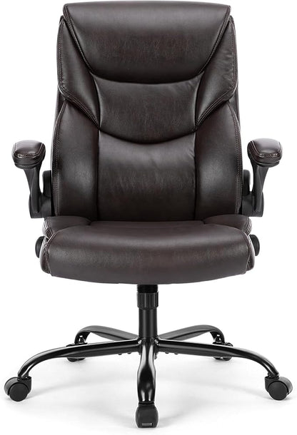 Sweetcrispy Computer Gaming Chair, Ergonomic High Back Heavy Duty Task Desk Office Chairs with Wheels, Flip-up Arms, Adjustable Height, PU Leather,Dark Brown