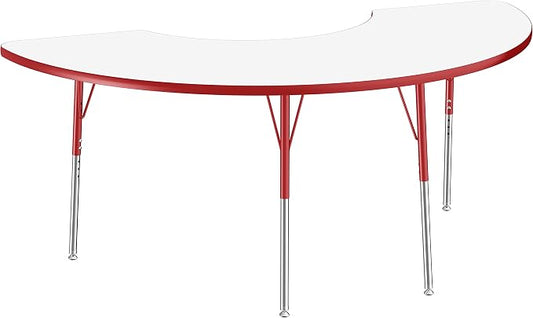 FDP Dry-Erase Half Moon Activity School and Office Table (36 x 72 inch), Standard Legs with Swivel Glides for Collaborative Spaces, Adjustable Height 19-30 inches - Whiteboard Top, Red Edge and Legs