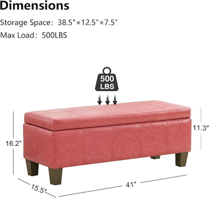 41" Storage Ottoman, Storage Bench with Safety Hinge, Upholstered Synthetic Leather Ottoman Bench for Bedroom, Living Room, Entryway, Hallway, Foot Rest, Support 500lbs