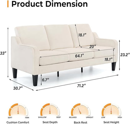 VINGLI Small Couch Sofa 71" Comfy Couches for Living Room Beige 3 Seat Sofa Couch Mid Century Modern Sofa Furniture Couches with Scooped Arms for Small Spaces, Bedroom, Apartment, Studio