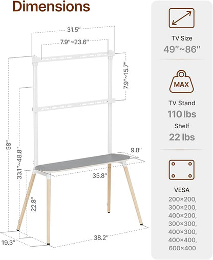 Easel Floor TV Stand with Storage for 49-86 inch TVs, Height Adjustable 4-Leg Universal TV Stand with Cable Management & Protective Pads, Holds 110 lbs for Living Room, Office, School, White