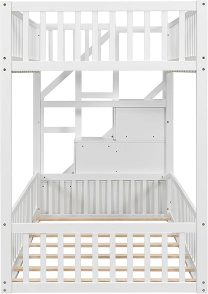 Twin Over Twin Floor Bunk Bed with Storage Ladder and Guardrails,for Kids Teens Adults (White#Ladder, Twin Over Twin)