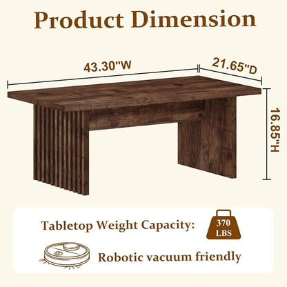 BON AUGURE Coffee Table for Living Room, 43Inch Farmhouse Wood Center Table, Rectangle Mid-Century Living Room Tables, Unique Fluted Panel Coffee Tables (Rustic Oak)