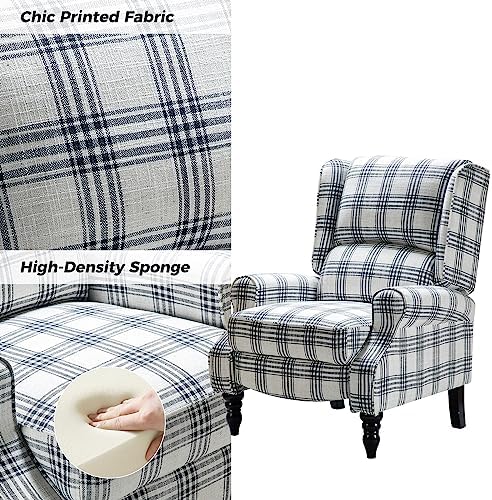 HULALA HOME Upholstered Wingback Recliner Chair, Small Adjustable Footrest Push Back Single Reclining Sofa, Mid Century Modern Lounge Armchair for Living Room, Bedroom, Reading/Plaid Black