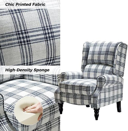 HULALA HOME Upholstered Wingback Recliner Chair, Small Adjustable Footrest Push Back Single Reclining Sofa, Mid Century Modern Lounge Armchair for Living Room, Bedroom, Reading/Plaid Black