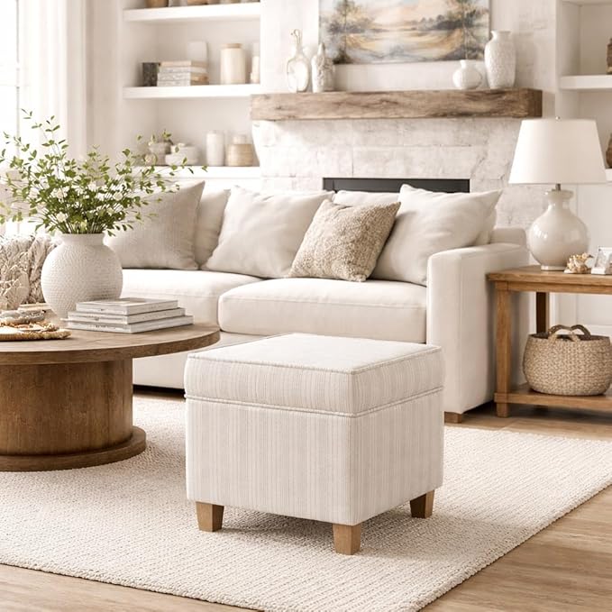 HomePop 18" Classic Square Storage Ottoman - Marigold Pinstripe Cream