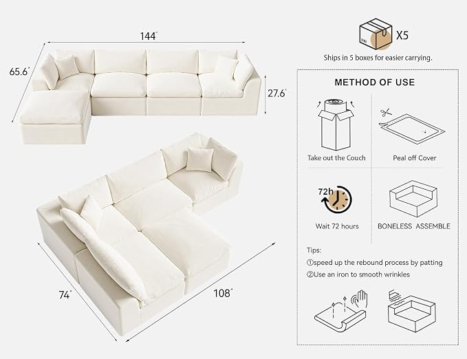 Cloud Sectional Couches for Living Room | 144 Inch L-Shaped Boneless Couch with Ottoman | Ivory White Modular Sectionals Sofa Couch