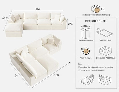 Cloud Sectional Couches for Living Room | 144 Inch L-Shaped Boneless Couch with Ottoman | Ivory White Modular Sectionals Sofa Couch