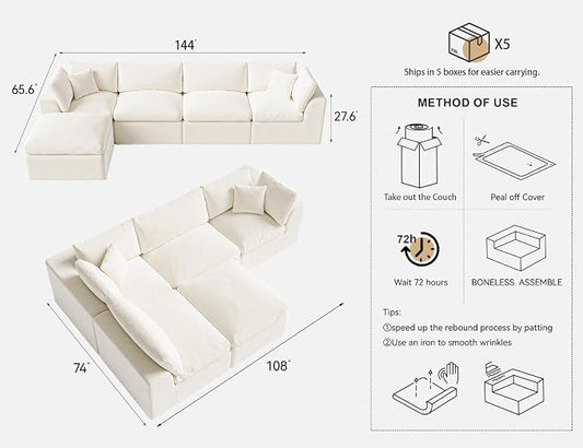 Cloud Sectional Couches for Living Room | 144 Inch L-Shaped Boneless Couch with Ottoman | Ivory White Modular Sectionals Sofa Couch