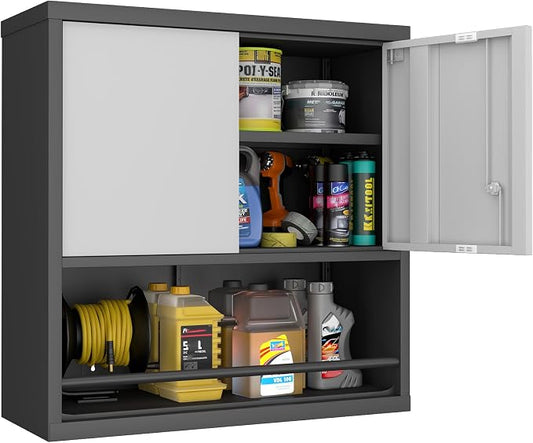 Metal Cabinet Wall Mounted, Garage Wall Cabinets with Doors & Adjustable Shelves, Steel Floating Hanging Storage Cabinet, Metal Locking Cabinet for Bathroom, Office, Warehouse