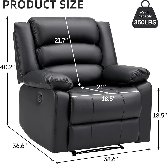 EBELLO Faux Leather Classic Power Recliner Chair, Oversized Electric Overstuffed Reclining Chair with Soft Cushion and Back, Sofa with Comfortable Armchair, Classic Black