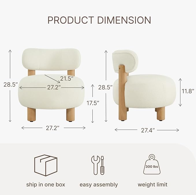 Modern Boucle Accent Chair, with Plush Faux Sherpa Upholstery, Curved Backrest, Solid Wood Legs for Living Room Bedroom Reading Nook, 27.5", White