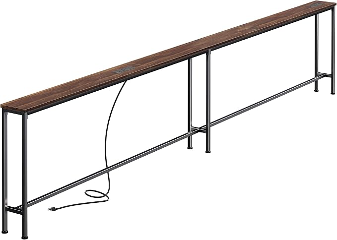 SUPERJARE 110.2 Inch Sofa Table with 2 Power Outlets and USB-C Port, 5.9 Inch Narrow Console Table with Storage, Extra-Long, for Entryway Hallway Couch Behind Sofa, Small Spaces, Walnut