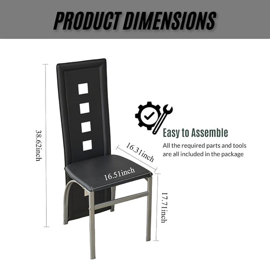Karl home Dining Chairs Set of 4, PU Leather & Hollow High Back, Black | Black kitchen chairs with padded seats & foot cap protection for dining kitchen living room,300lbs capacity,space-saving