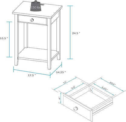 Casual Home Owl Night Stand with USB Port Charging Station and Drawer, 17.5" W x 14.25" D x 24.5" H, Natural White