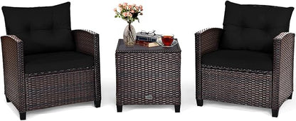 COSTWAY 3PCS Patio Furniture Set, PE Rattan Wicker Sofa w/Washable Cushion and Coffee Table, Tempered Glass Tabletop, Outdoor Conversation Set for Balcony, Porch, Yard, Backyard, Lawn, Black