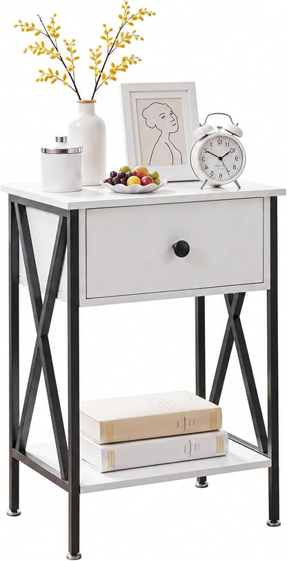 VECELO Nightstand,Modern Bedside End Table, Night Stand with Drawer and Storage Shelf for Living Room Bedroom, Industrial Metal Frame