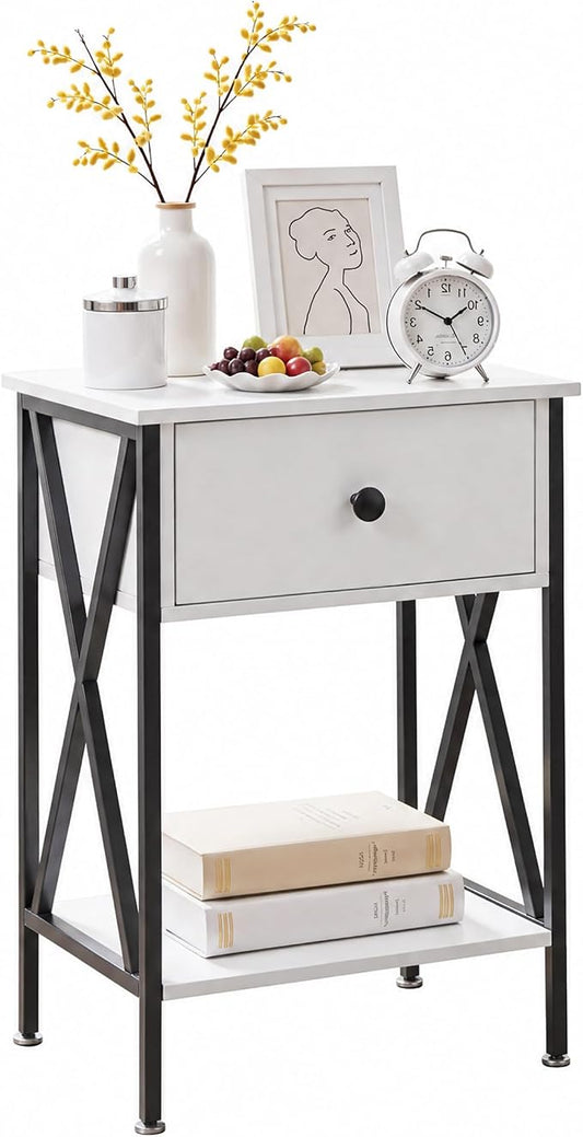 VECELO Nightstand,Modern Bedside End Table, Night Stand with Drawer and Storage Shelf for Living Room Bedroom, Industrial Metal Frame