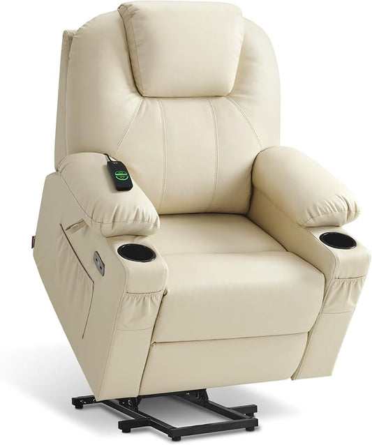 MCombo Large Power Lift Recliner Chair with Massage and Heat for Tall Elderly People, 3 Positions, Cup Holders, and USB Ports, Faux Leather 7516 (Large, Cream White)