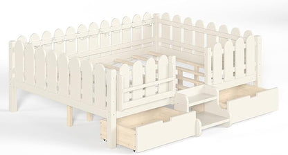 Bellemave Queen Size Montessori Bed with Stairs, Lights, Rails and Slats, Queen Size Montessori Floor Bed with Bookshelf and 2 Storage Drawers, Easy Assemble Beds Frame for Girls, Boys, Beige