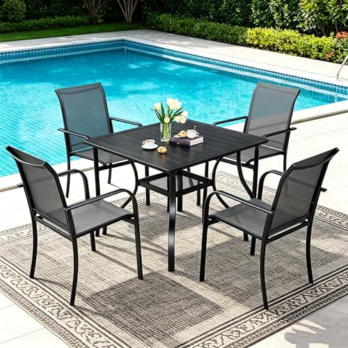 SUNCROWN 5-Piece Outdoor Dining Set, Patio Furniture Set with 4 x Textilene Dinning Chairs and 1 Steel Slat Metal Bistro Table for Garden Deck Lawn Backyard, Grey